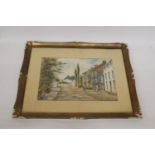 A SIGNED F BILLINGON, 1924, FRAMED WATERCOLOUR OF A STREET SCENE, 76CM X 58CM