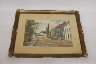 A SIGNED F BILLINGON, 1924, FRAMED WATERCOLOUR OF A STREET SCENE, 76CM X 58CM