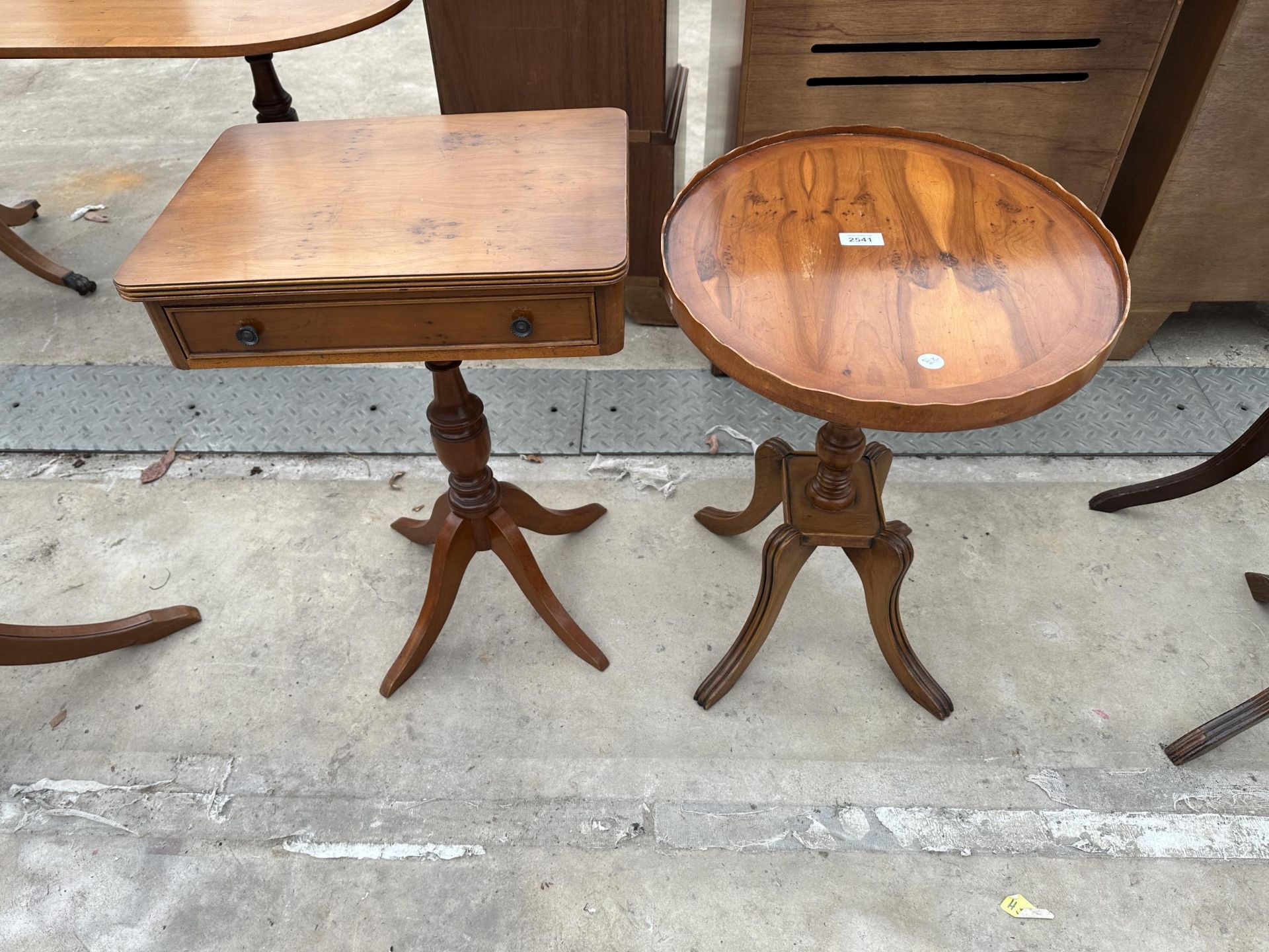 A YEW WOOD WINE TABLE AND SMALL OCCASIONAL TABLE WITH SINGLE DRAWER