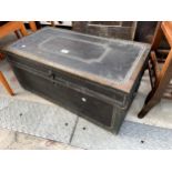 A VICTORIAN HARDWOOD CHEST WITH LEATHER COVERING, PROFUSELY DECORATED WITH STUDS, COPPER TRIM AND