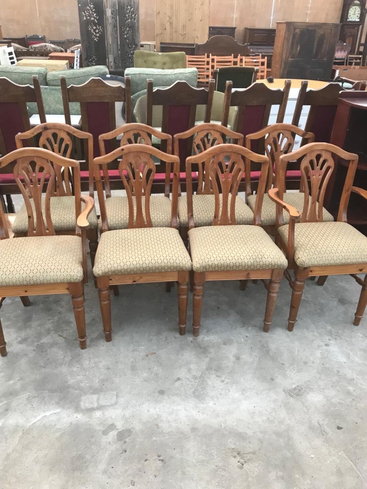 A SET OF EIGHT MODERN PINE DUCAL DINING CHAIRS, TWO BEING CARVERS, WITH PIERCED SPLAT BACKS