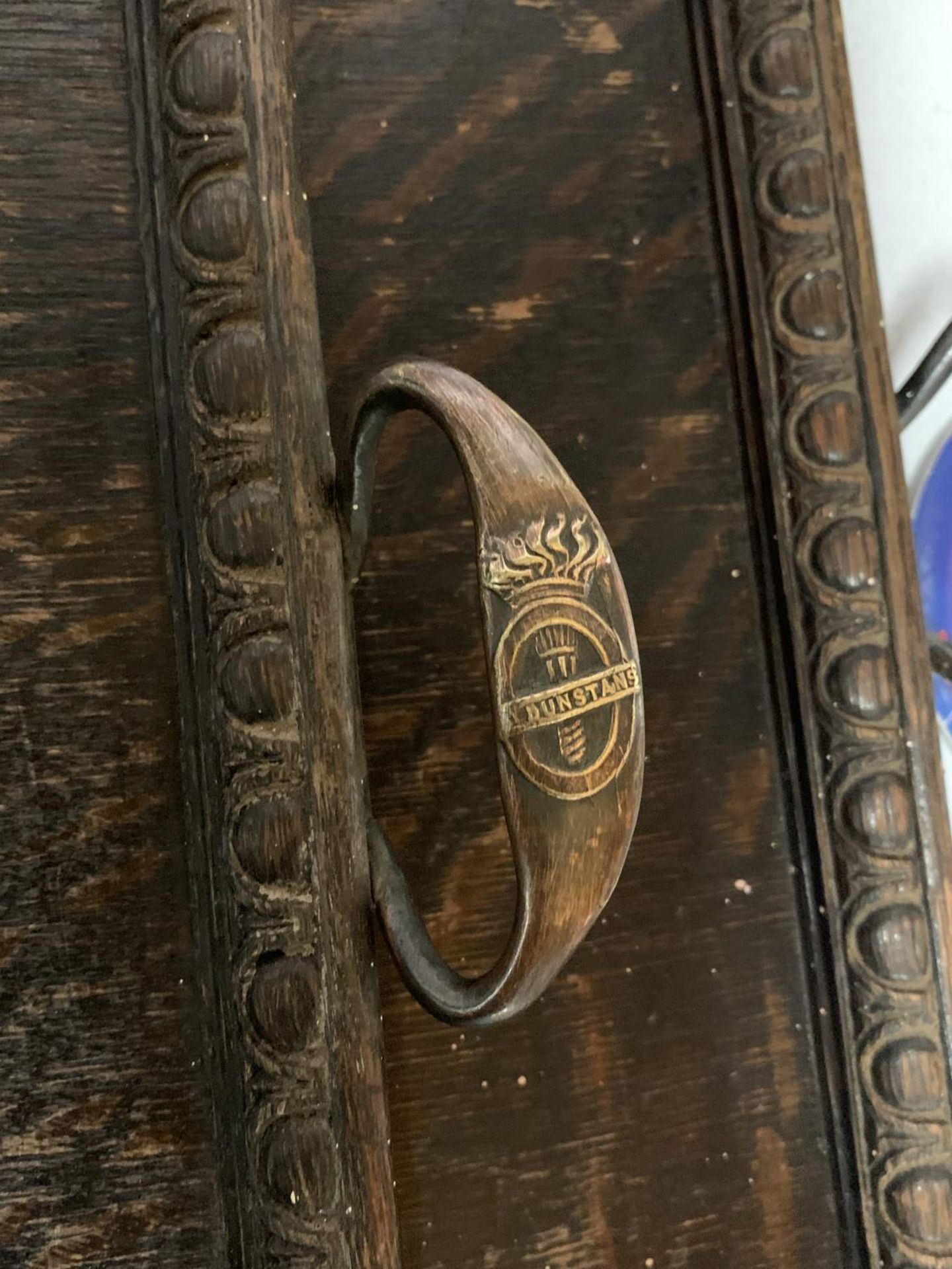 TWO VINTAGE OAK TRAYS WITH COPPER HANDLES STAMPED 'DUNSTAN', GLASS VASES, ETC - Image 4 of 4