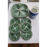 A T G GREEN CORNISH WARE JAR AND A PORTUGUESE SECTIONED HORS D'OEUVRES DISH WITH SIX SIDE PLATES