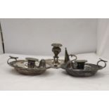 THREE WEE WILLIE WINKIE STYLE CANDLE HOLDERS TO INCLUDE TWO JAMES DIXON AND SONS SHEFFIELD