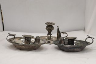 THREE WEE WILLIE WINKIE STYLE CANDLE HOLDERS TO INCLUDE TWO JAMES DIXON AND SONS SHEFFIELD