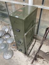 THREE VINTAGE GREEN METAL INDEX CABINETS WITH FRAME