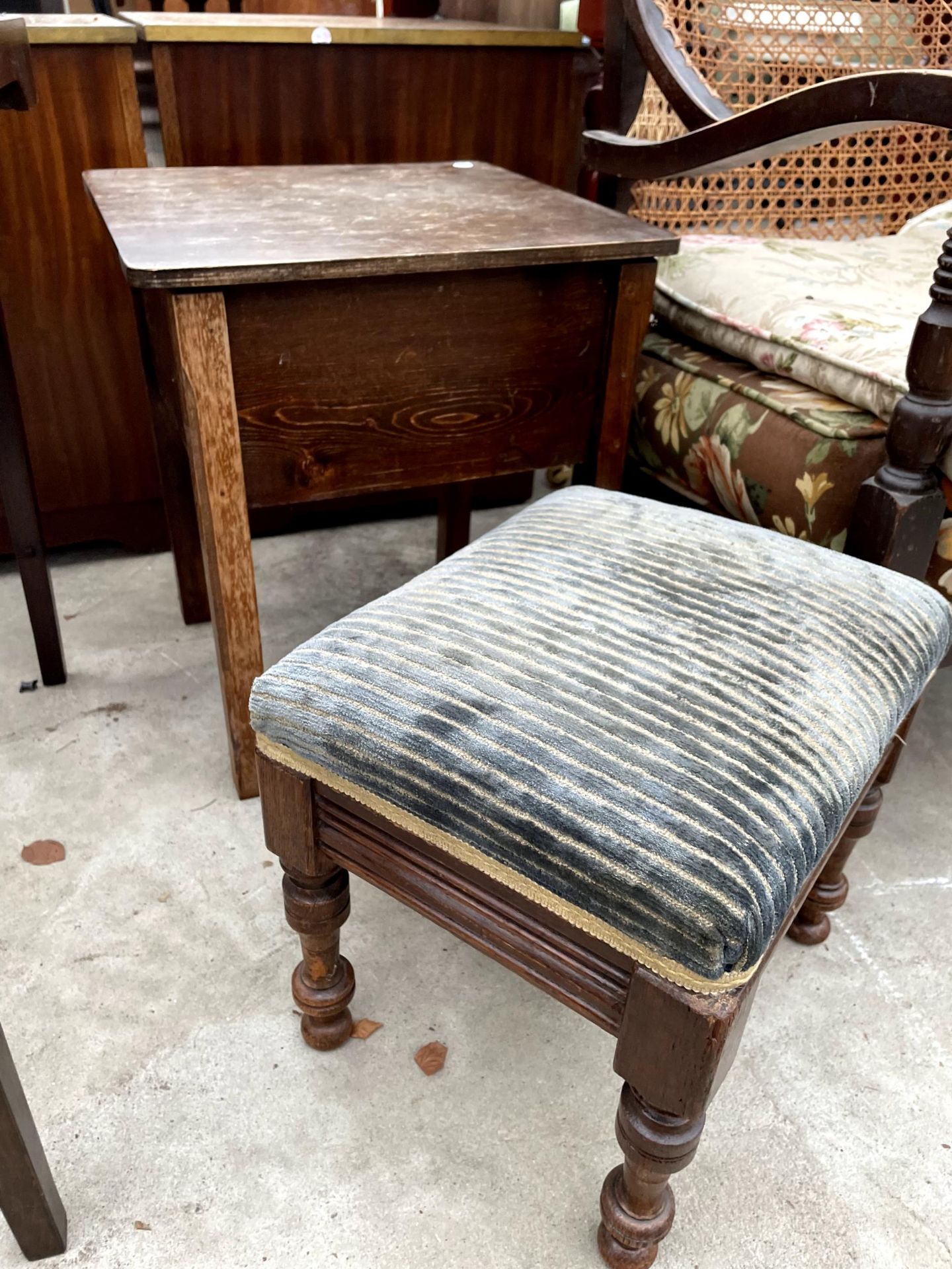 A MID 20TH CENTURY CANE BACK ARM CHAIR, SMALL STOOL AND BOX COMMODE - Image 2 of 3