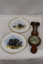 TWO WEDGWOOD DAVID SHEPHERD PLATES RHINOS AND ELEPHANTS AND A BAROMETER