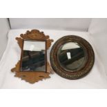 TWO VINTAGE WALL MIRRORS WITH CARVED WOODEN FRAMES, ONE OVAL, 28CM X 33CM, THE OTHER, RECTANGULAR