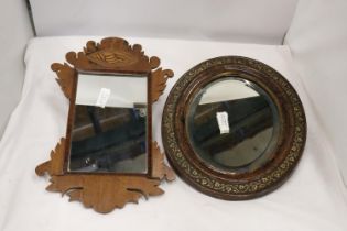 TWO VINTAGE WALL MIRRORS WITH CARVED WOODEN FRAMES, ONE OVAL, 28CM X 33CM, THE OTHER, RECTANGULAR