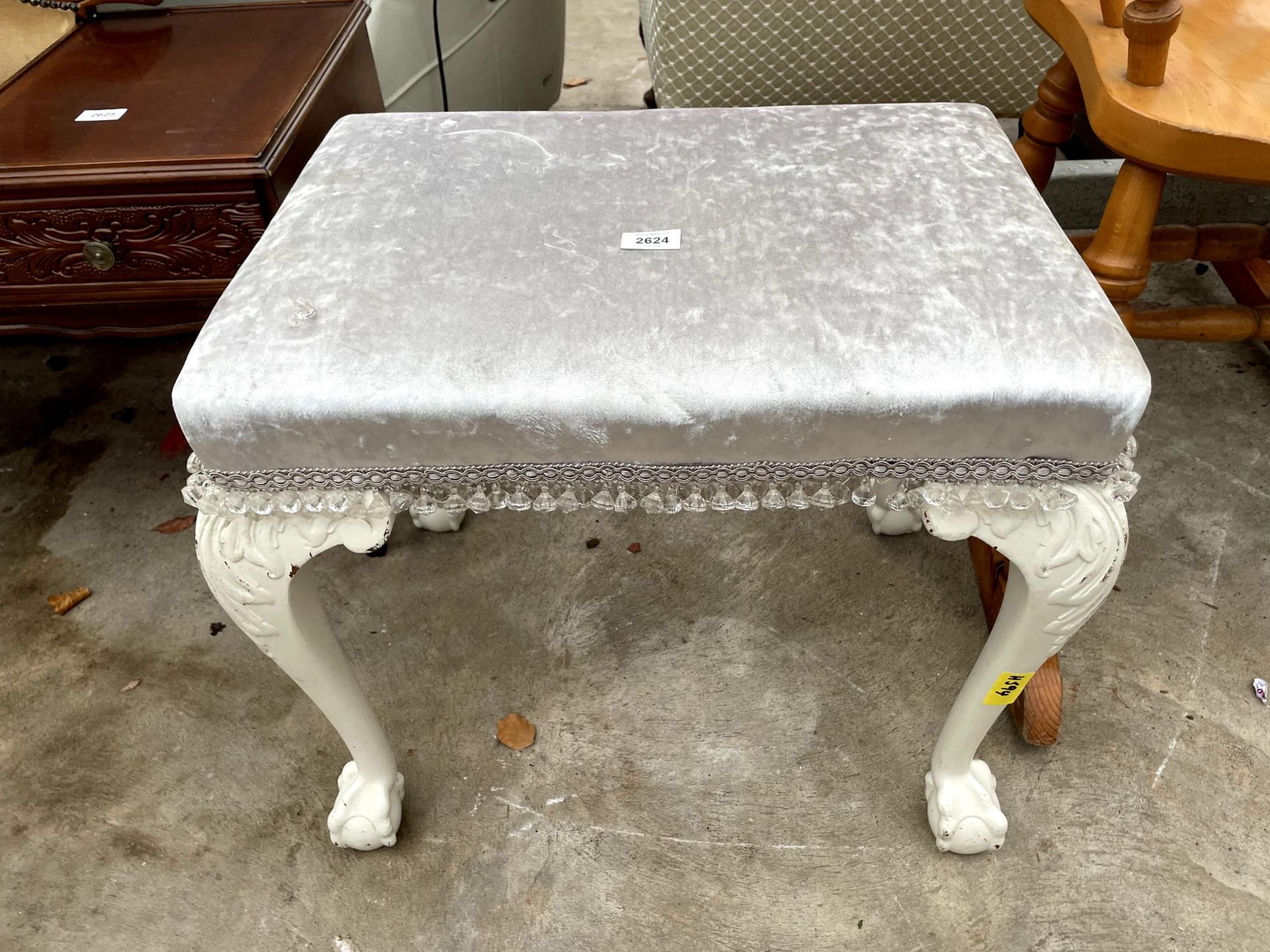 A WHITE PAINTED STOOL ON CABRIOLE LEGS, BALL AND CLAW FEET COMPLETE WITH GLASS EFFECT DROPLEAF