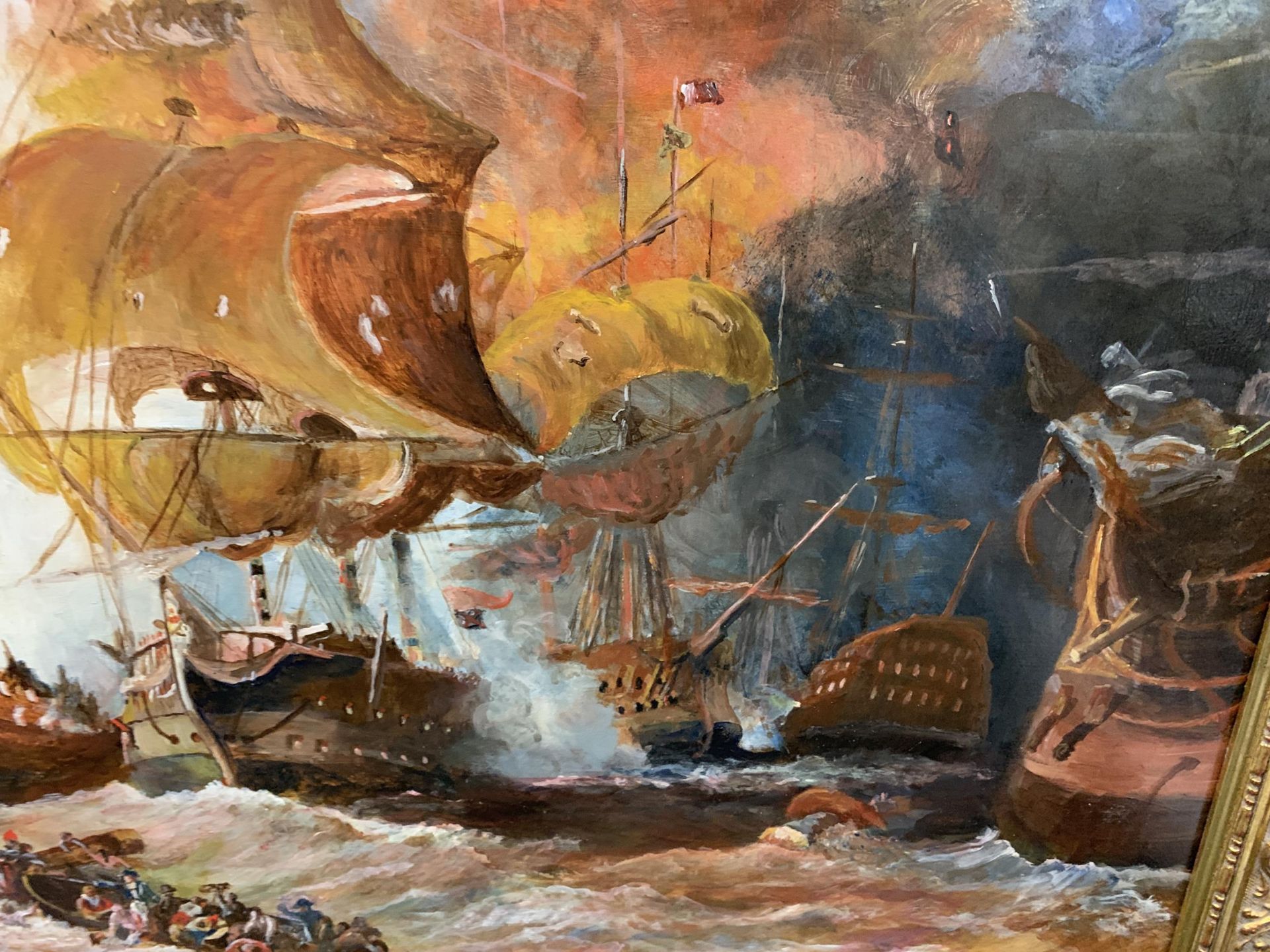 A GILT FRAMED OIL ON BOARD OF A GALLEON BATTLE SCENE - Image 4 of 4