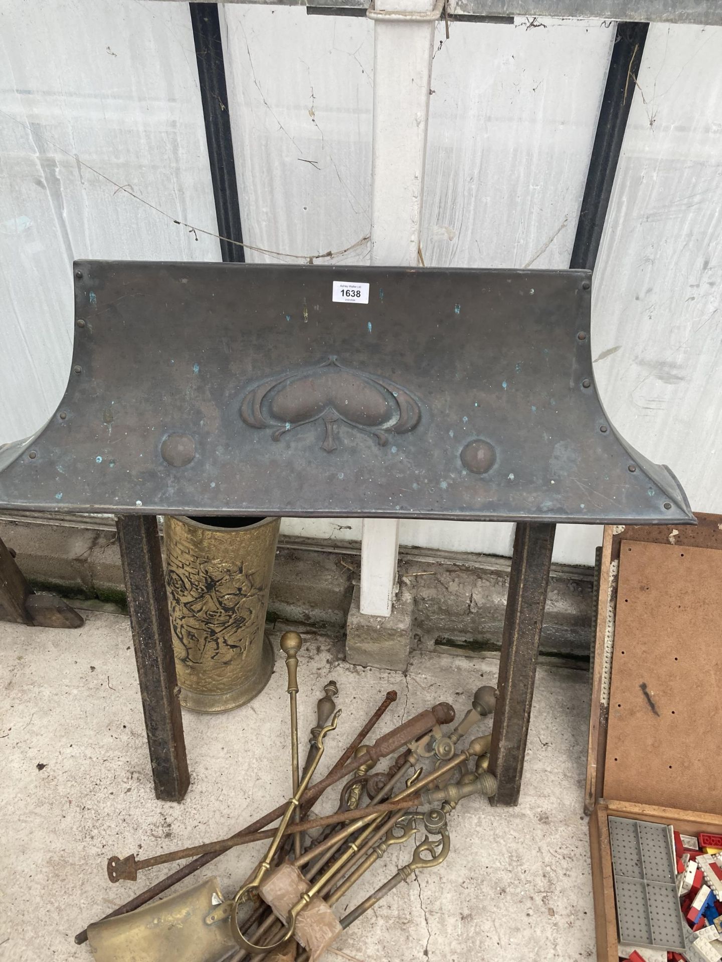 A VINTAGE COPPER FIRE HOOD, BRASS COMPANION ITEMS AND A BRASS STICK STAND ETC - Image 3 of 4