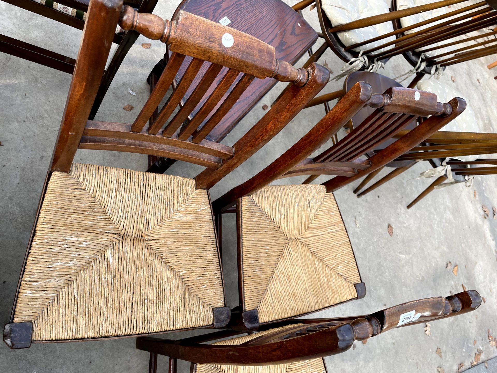 THREE MATCHING LANCASHIRE STYLE MAHOGANY DINING CHAIRS WITH RUSH SEATS - Image 3 of 3