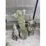 THREE CONCRETE GARDEN FIGURES TO INCLUDE A NUDE LADY ETC
