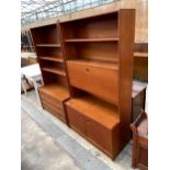 A PAIR OF RETRO TEAK CABINETS ENCLOSING CUPBOARDS, DRAWERS AND FALL FRONT SECTION, 36" WIDE EACH