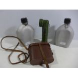 TWO US MILITARY WATER BOTTLES, A TORCH AND A PAIR OF CASED BINOCULARS (4)