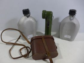 TWO US MILITARY WATER BOTTLES, A TORCH AND A PAIR OF CASED BINOCULARS (4)