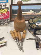 A QUANTITY OF VINTAGE 'MARPLES' WOODEN HANDLED HAND TOOLS PLUS A MALLET