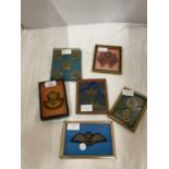 SIX ASSORTED FRAMED BADGES TO INCLUDE RAF, ROYAL ARTILLERY, ROYAL SCOTS ETC