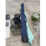 AN ASSORTMENT OF FISHING TACKLE TO INCLUDE A NET, CHAIR AND ROD ETC