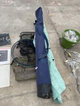 AN ASSORTMENT OF FISHING TACKLE TO INCLUDE A NET, CHAIR AND ROD ETC