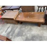 A RETRO HARDWOOD COFFEE TABLE WITH SINGLE DRAWER, 49 X 25" AND A LOW PINE CABINET