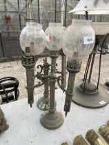 A PAIR OF VINTAGE METAL THREE BRANCH LAMPS