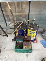 AN ASSORTMENT OF VINTAGE OIL AND GREASE CANS TO INCLUDE MORRIS AND SIMONIZ ETC