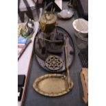 A VINTAGE LOT TO INCLUDE A LARGE METAL TRAY, A BRASS SPIRIT KETTLE AND BURNER, FLAT IRONS,