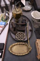 A VINTAGE LOT TO INCLUDE A LARGE METAL TRAY, A BRASS SPIRIT KETTLE AND BURNER, FLAT IRONS,