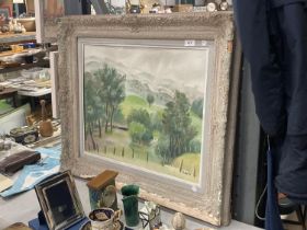 A FRAMED OIL ON BOARD OF A COUNTRYSIDE SCENE, SIGNED, 80CM X 70CM