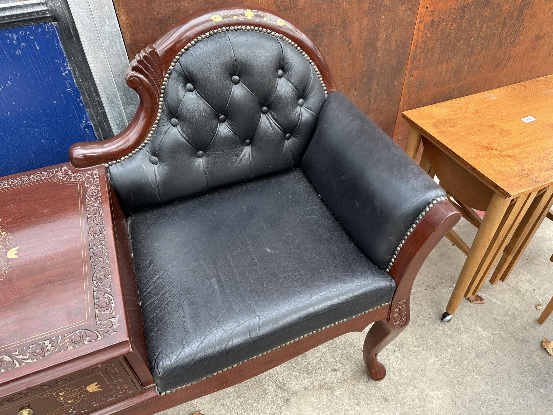 A BRASS INLAID INDIAN HARDWOOD AND BUTTONED LEATHER SCROLL END CONVERSATION DOUBLE SEAT WITH - Image 2 of 7