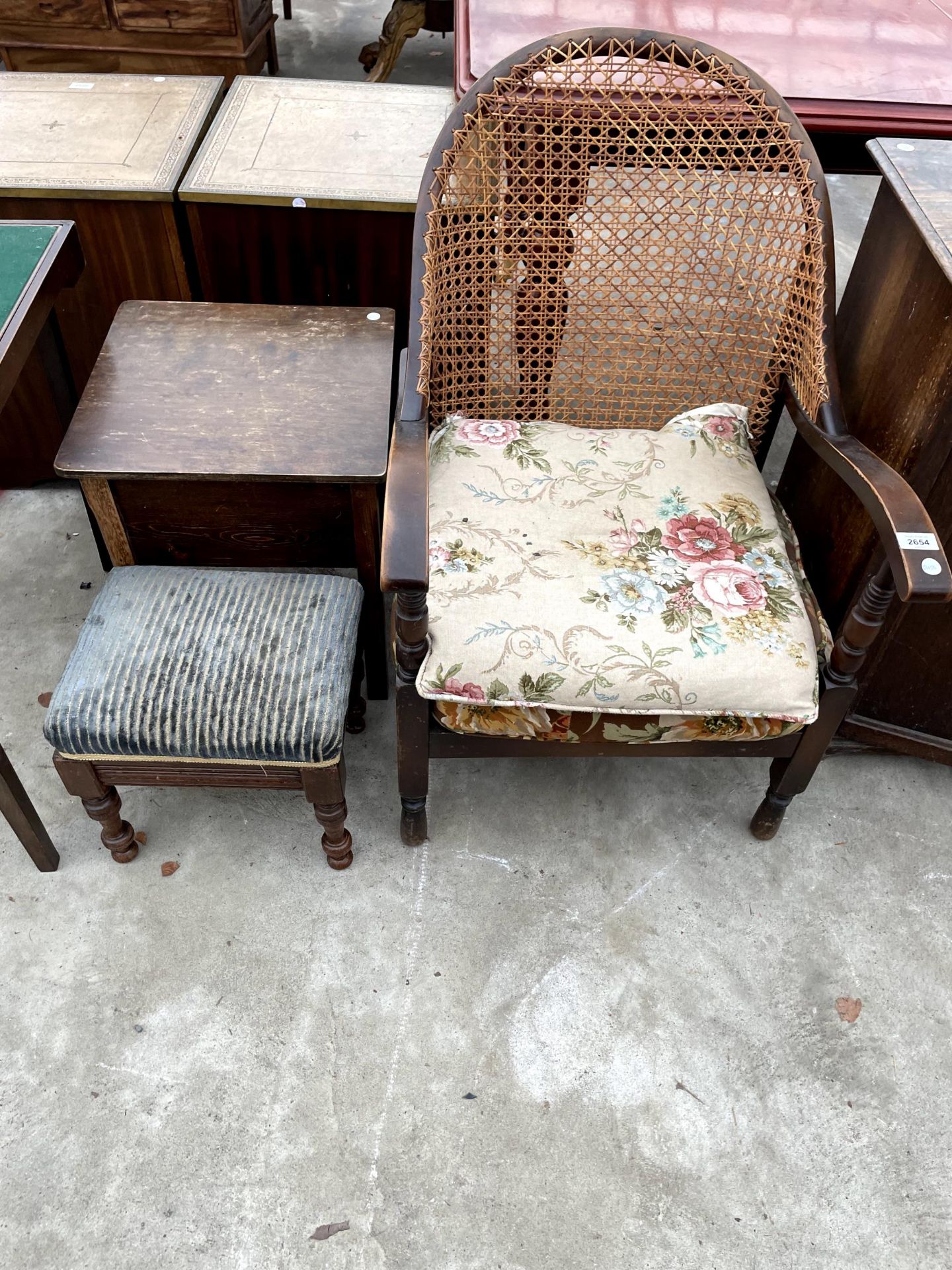 A MID 20TH CENTURY CANE BACK ARM CHAIR, SMALL STOOL AND BOX COMMODE