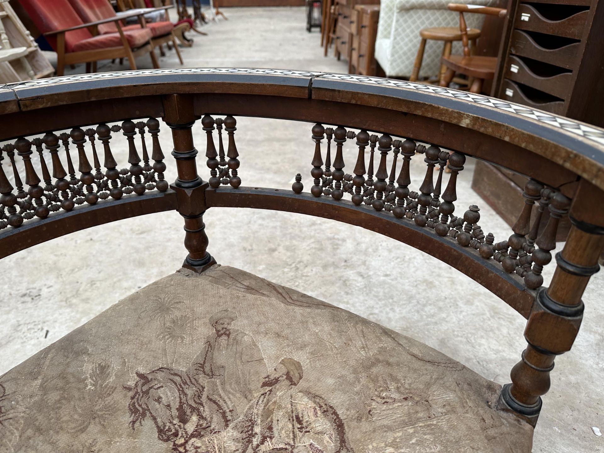 A MOORISH CARLO BUGATTI STYLE CORNER CHAIR INLAID WITH BONE AND MOTHER OF PEARL HAVING PROFUSE - Image 3 of 6