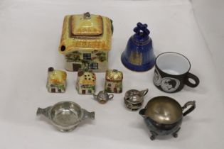 A MIXED LOT TO INCLUDE A B & G, COPENHAGEN BELL, A COTTAGE WARE TEAPOT AND CRUET SET, SILVER