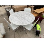 A 39" DIAMETER RETRO MARBLE TOP TABLE ON CHROME BASE AND FOUR PLASTIC AND CHROME GALVANO TECHNICA