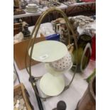 A RETRO STYLE AFTERNOON TEA STAND, WITH GLASS STANDS AND TEAPOT, HEIGHT APPROX 54CM