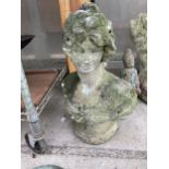 A CONCRETE GARDEN BUST OF A FEMALE