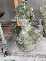 A CONCRETE GARDEN BUST OF A FEMALE