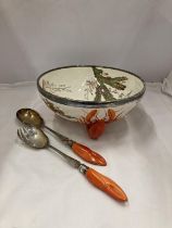 A VICTORIAN WEDGWOOD MAJOLICA SALAD BOWL WITH LOBSTER FEET AND MATCHING SILVER PLATED SERVERS
