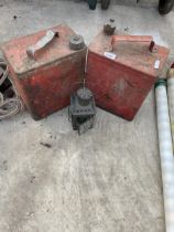 TWO VINTAGE FUEL CANS AND A CANDLE LANTERN