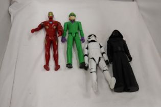 FOUR ACTION FIGURE TOYS TO INCLUDE DARTH VADER, A STORM TROOPER, THE RIDDLER AND IRON MAN