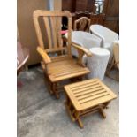 A MODERN FORWARD SLIDE SLATTED ROCKING CHAIR AND MATCHING STOOL