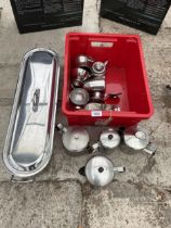 AN ASSORTMENT OF STAINLESS STEEL KITCHEN ITEMS TO INCLUDE JUGS AND TEAPOTS ETC