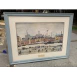 A LARGE LOWRY PRINT, 'NORTHERN RIVER SCENE', FRAMED, 83CM X 63CM