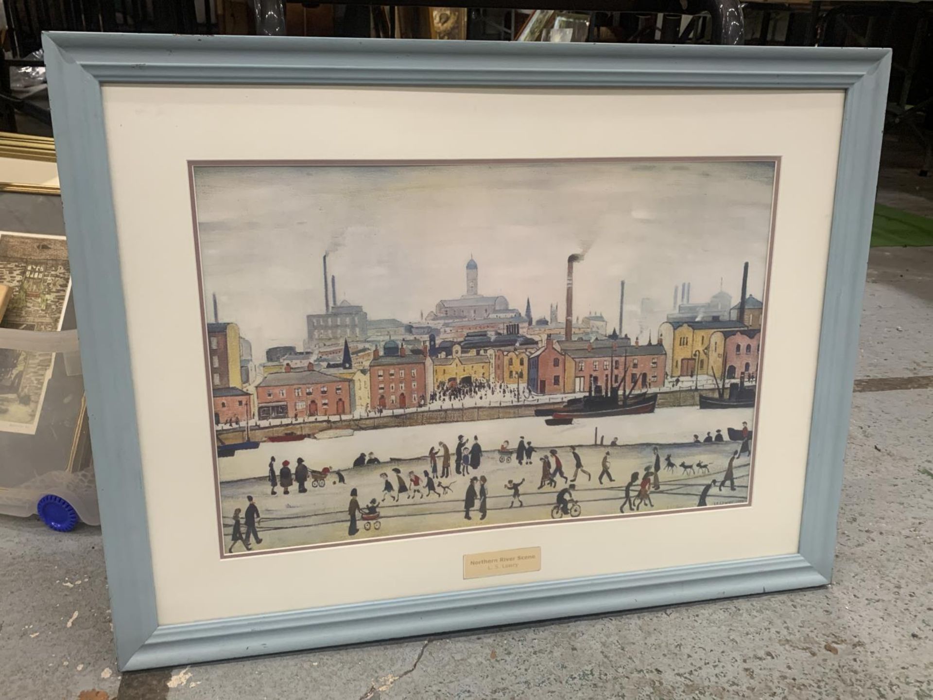 A LARGE LOWRY PRINT, 'NORTHERN RIVER SCENE', FRAMED, 83CM X 63CM