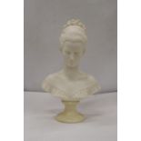 A BUST OF A LADY ON A MARBLE PLINTH, HEIGHT 33CM