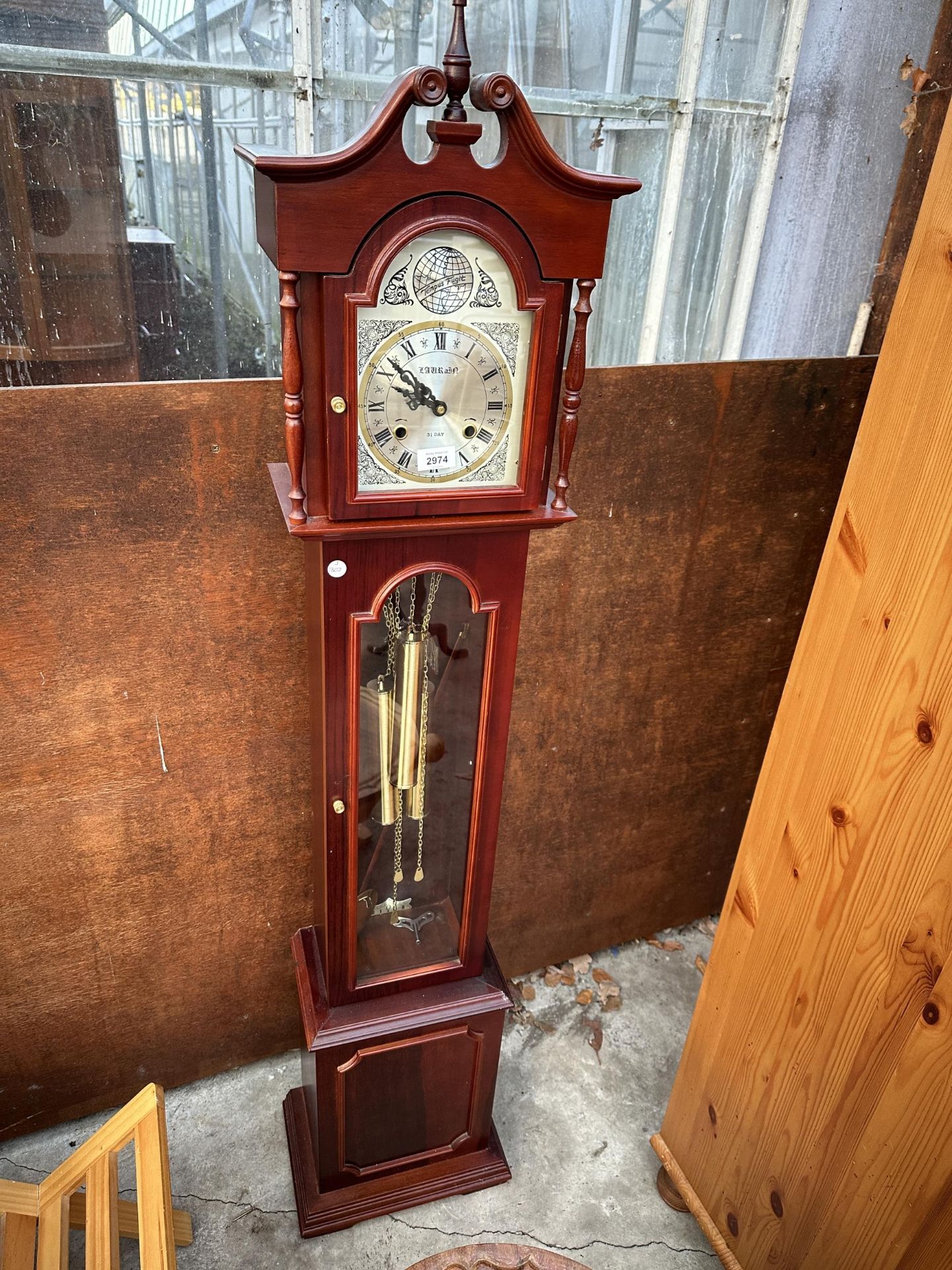 A TEMPUS FUGIT 31 DAY GRANDMOTHER CLOCK WITH GLASS DOOR AND THREE WEIGHTS