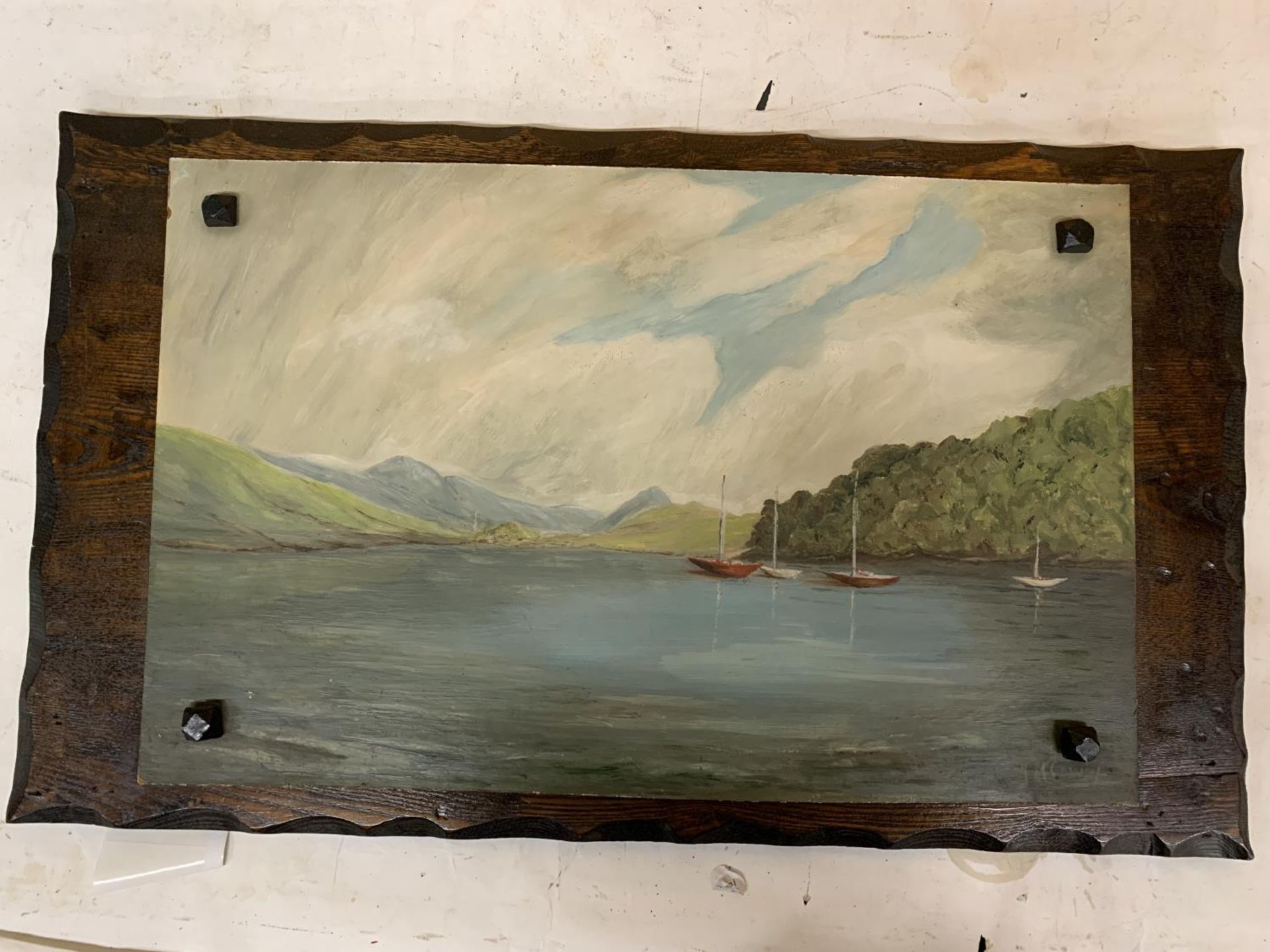 AN OIL ON BOARD OF BOATS ON A LAKE MOUNTED ONTO A MAHOGANY BOARD, 77CM X 45CM - Image 3 of 4
